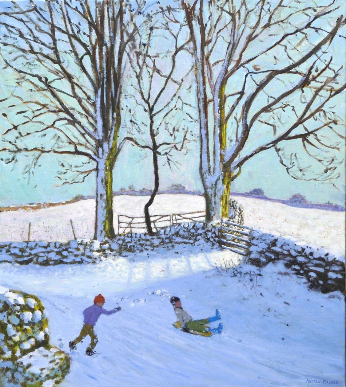 Suuria puita ja kelkkailijoita, Derbyshire, 2023 (öljy kankaalle) tekijältä Andrew Macara
