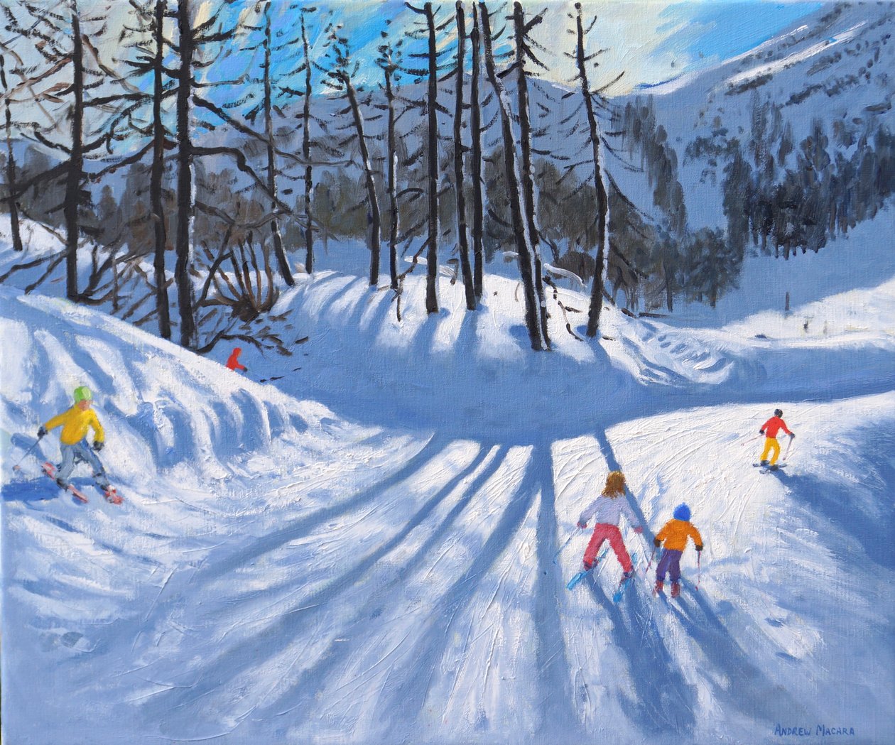 Pitkät puun varjot ja hiihtäjät, Tignes, 2016-2019, (öljy kankaalle) tekijältä Andrew Macara