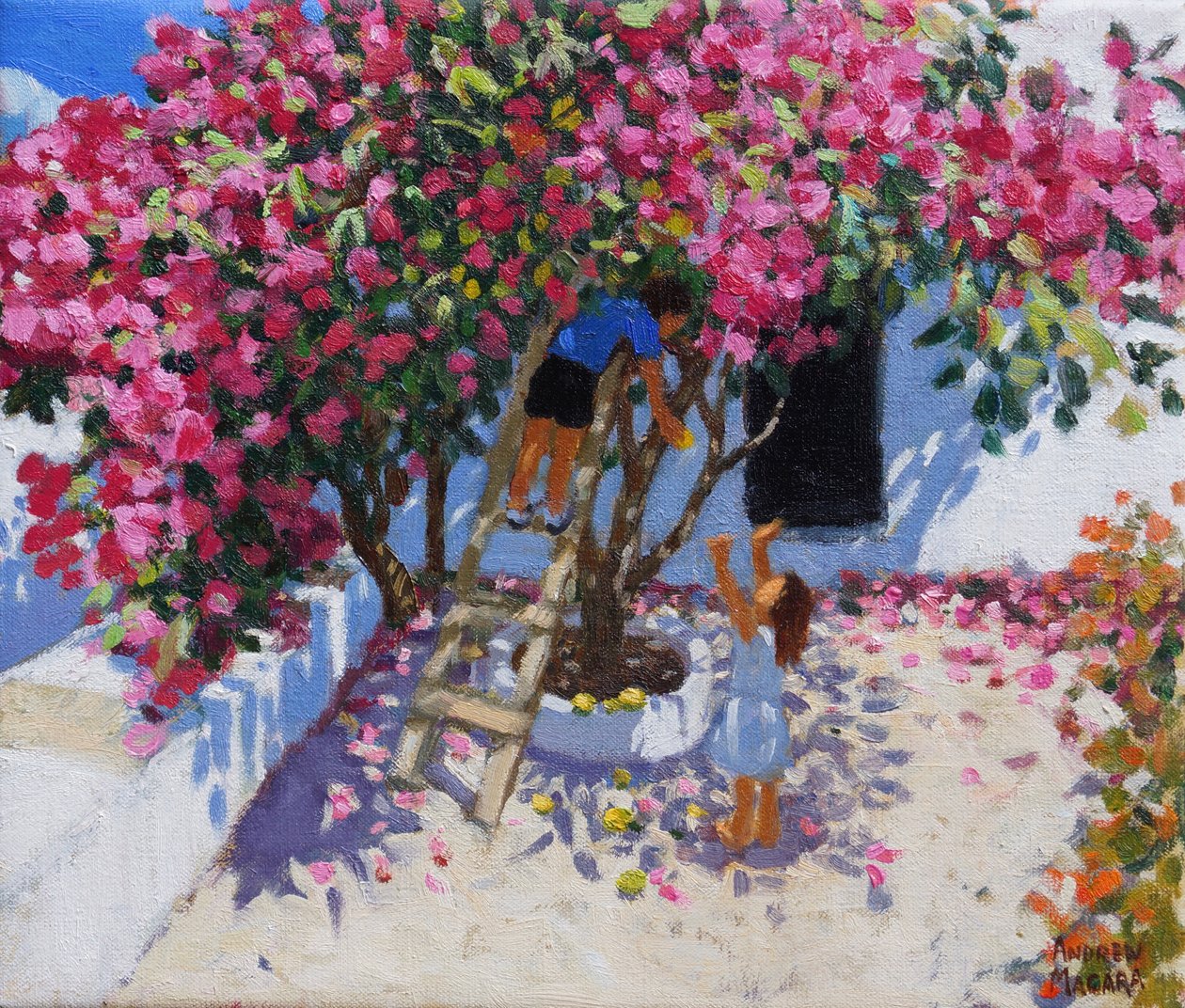 Sitruunoiden poiminta, Skiathos, Kreikka, 2021, (öljy kankaalle) tekijältä Andrew Macara