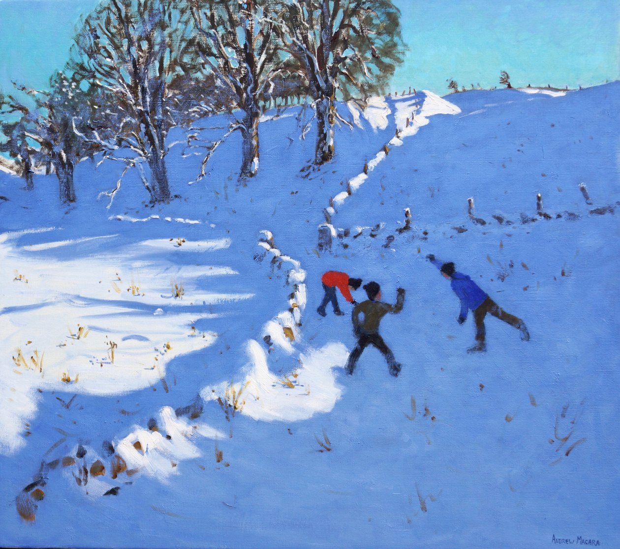 Leikki lumessa Youlgrave,Derbyshire,2016,(öljy kankaalle ) tekijältä Andrew Macara