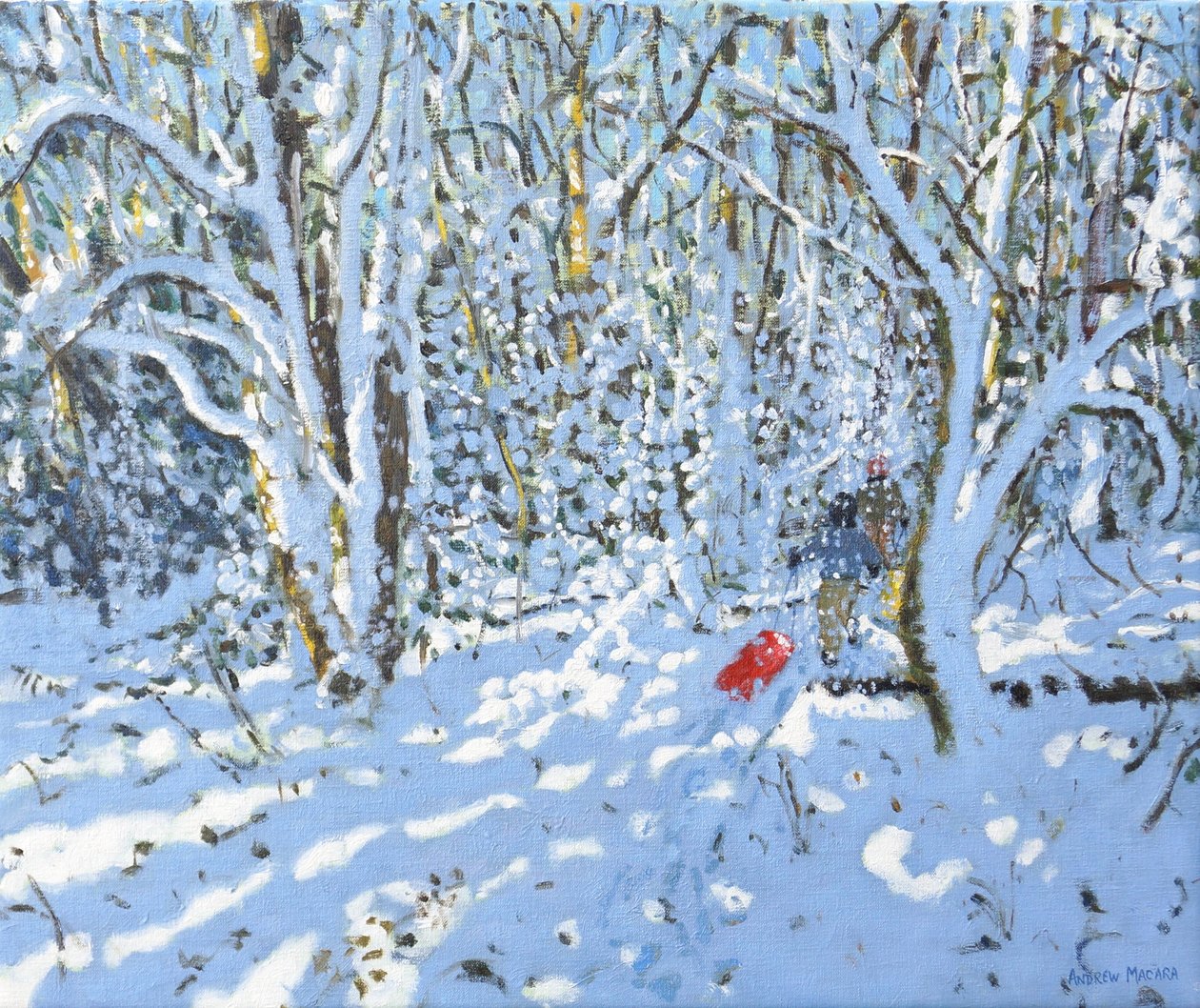 Punainen kelkka, Allestree Park, Derby, 2022 (öljy kankaalle) tekijältä Andrew Macara