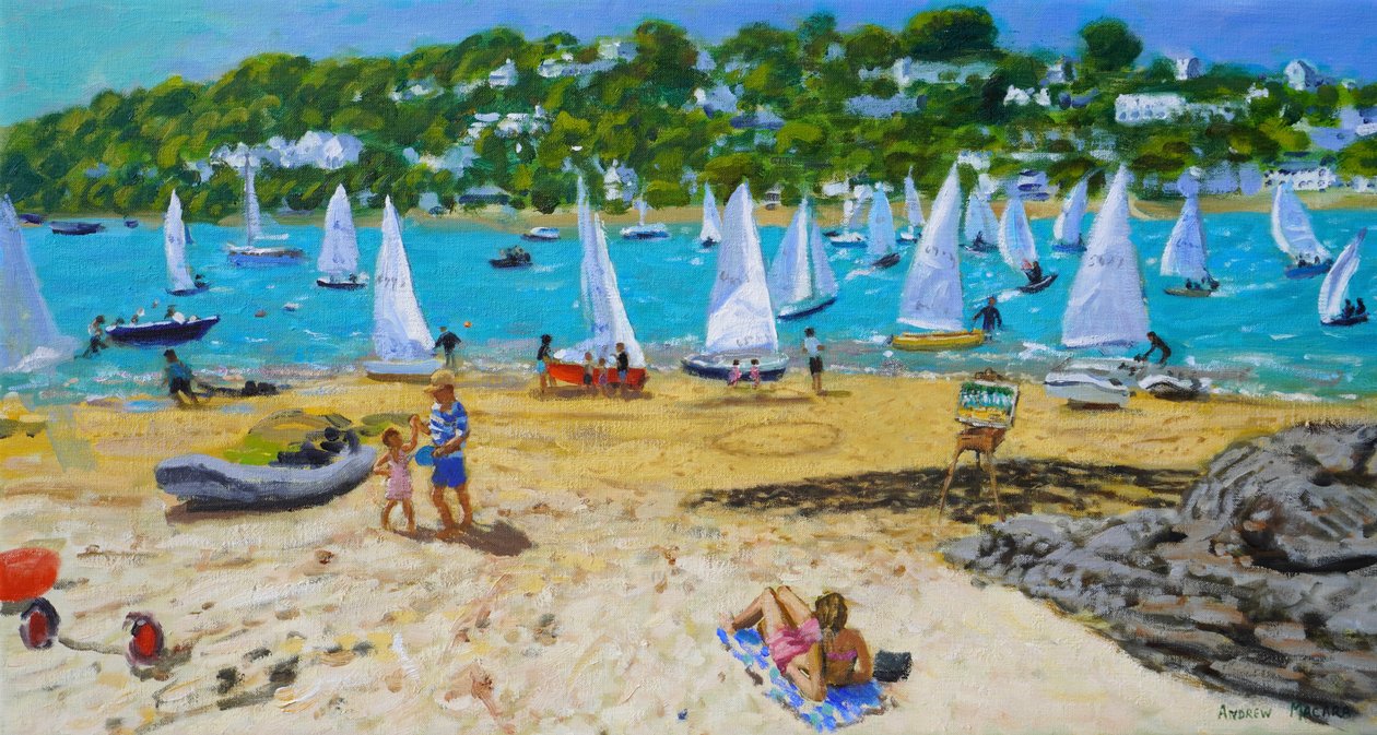 Salcombe Regatta ja taiteilijoiden maalausteline, 2023 (öljy kankaalle) tekijältä Andrew Macara