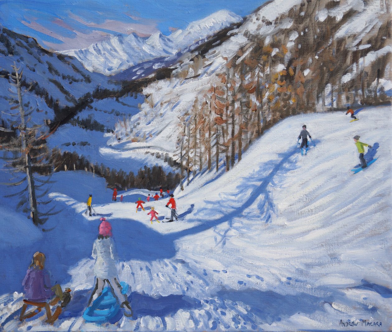 Kuusen varjo ja hiihtäjät Tignes.2014,(öljy kankaalle) tekijältä Andrew Macara