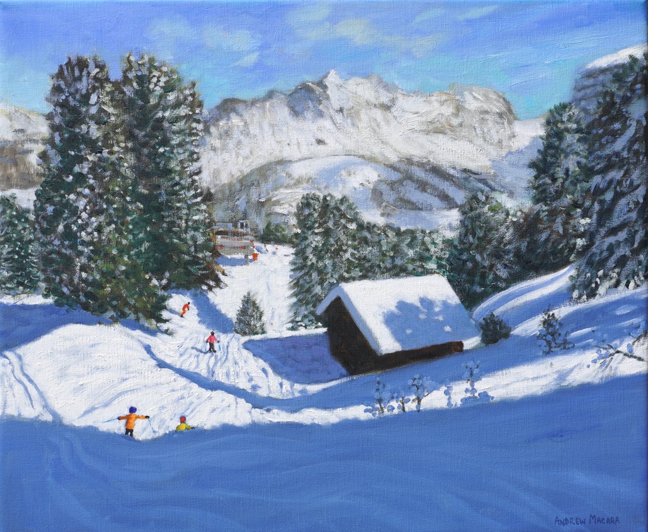 Ski chalet, Samoens, Grand Massif, Ranska, 2023 (öljy kankaalle) tekijältä Andrew Macara