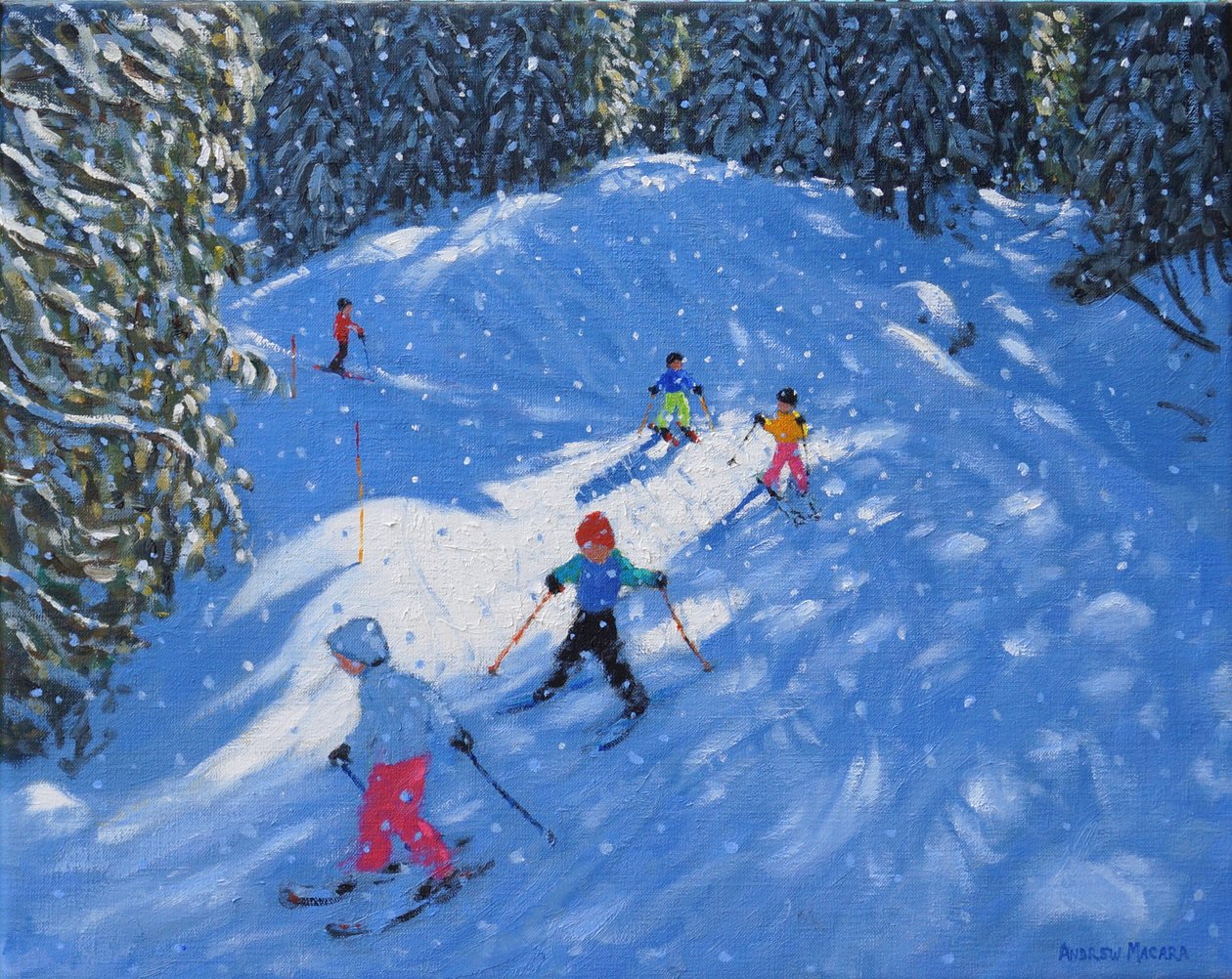 Hiihtokoulu. Samoens, Grand Massif, Ranska, 2021 (öljy kankaalle) tekijältä Andrew Macara