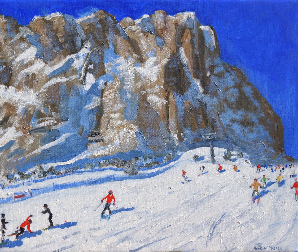 Hiihtäminen alas vuorelta,Selva Gardena, (öljy kankaalle ) tekijältä Andrew Macara