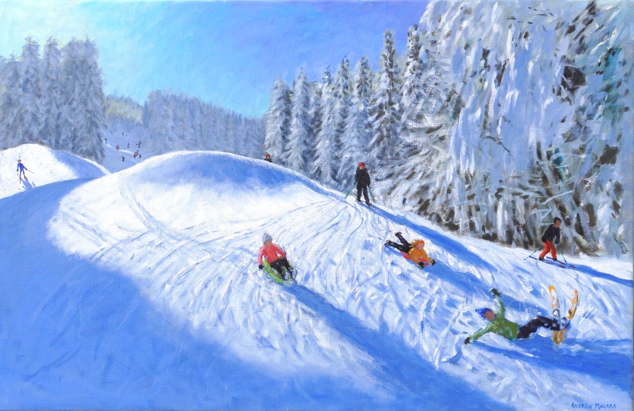 Hiihtäminen Morzine, Ranska, 2023 (öljy kankaalle) tekijältä Andrew Macara