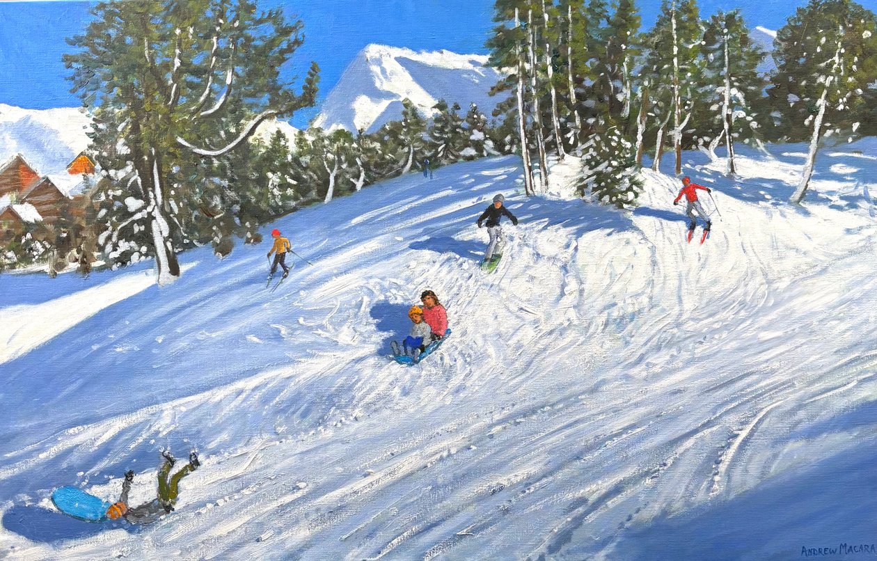 Kelkkailu ja hiihto, Les Arcs, Ranska, 2023 (öljy kankaalle) tekijältä Andrew Macara