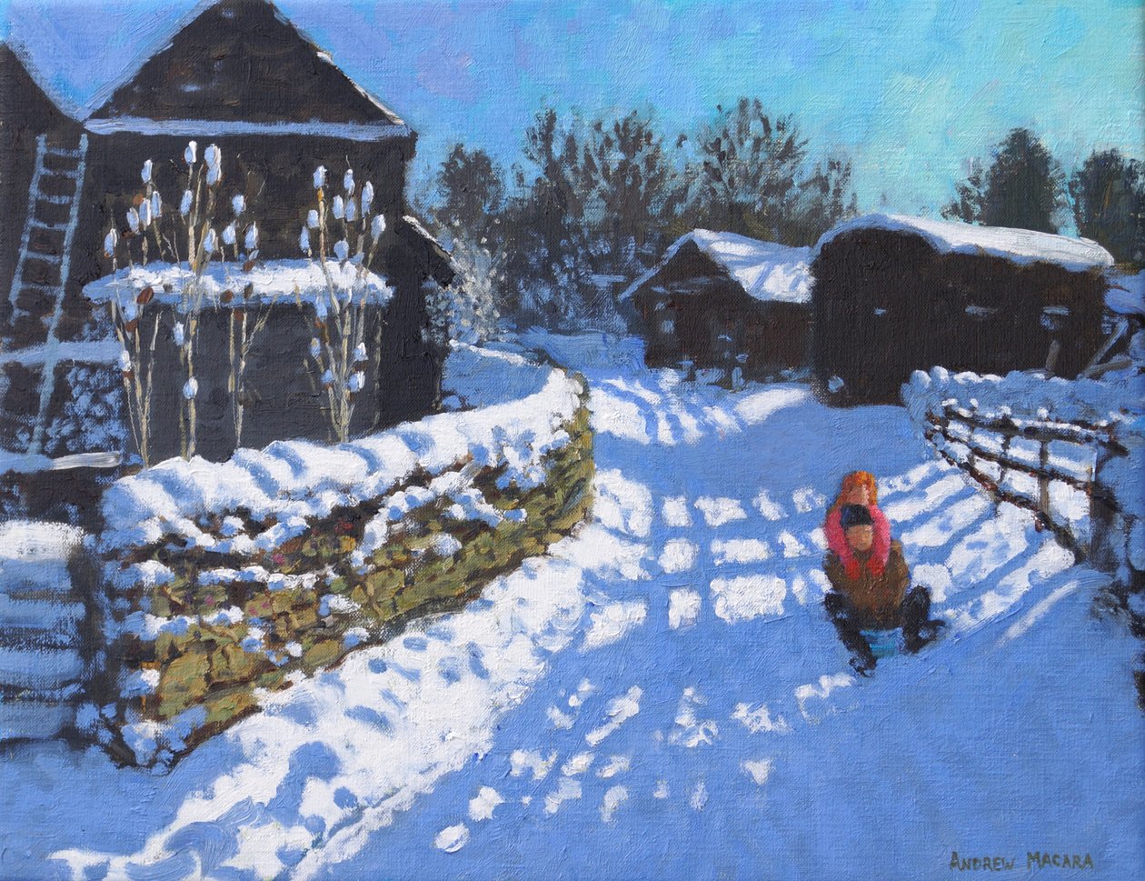 Kelkkailua, lähellä Wintercroft Lanea lähellä Dovedalea ja Thorpea. Ashbourne, 2021 (öljy kankaalle) tekijältä Andrew Macara