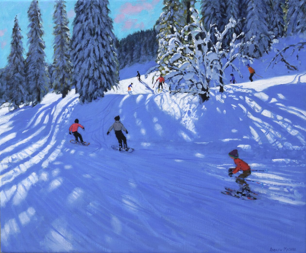 Lumilautailijat ja hiihtäjät, Morzine, Ranska, 2022 (öljy kankaalle) tekijältä Andrew Macara