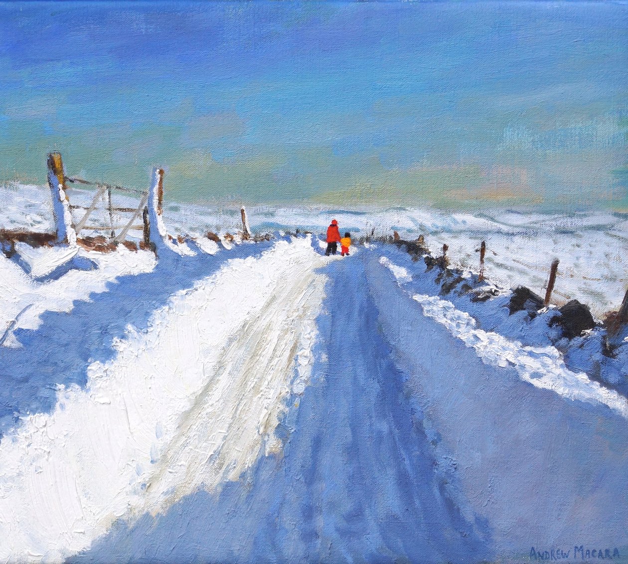 Lumiaurattu tie, Derbyshire Peak District, 2019, (öljy kankaalle) tekijältä Andrew Macara