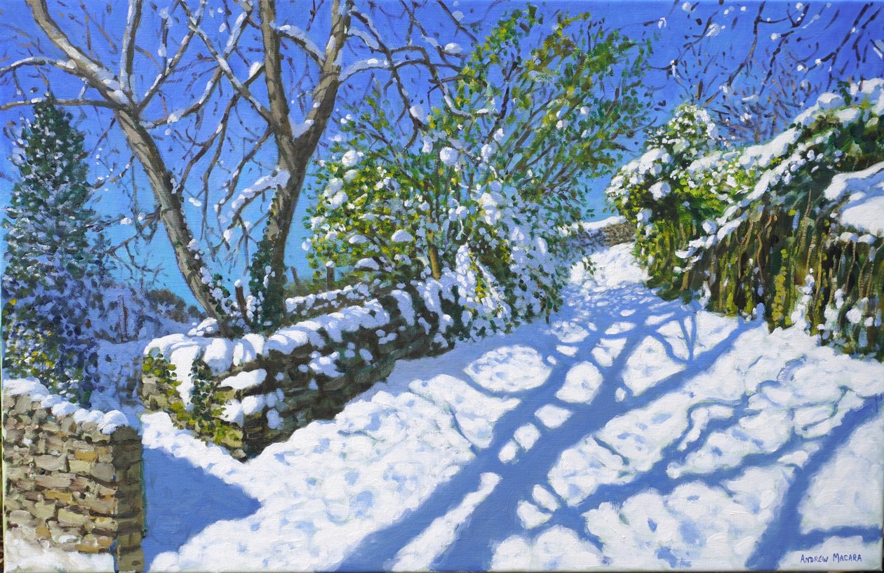 Kevään lumi, Wirksworth, Derbyshire, 2023 (öljy kankaalle) tekijältä Andrew Macara