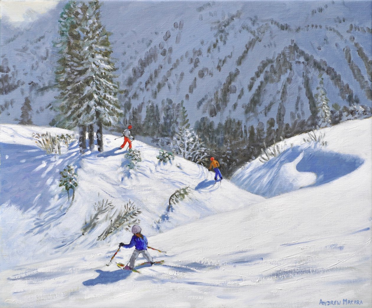 Kolme hiihtäjää, Kitzbuehel, Itävalta, 2024 (öljy kankaalle) tekijältä Andrew Macara