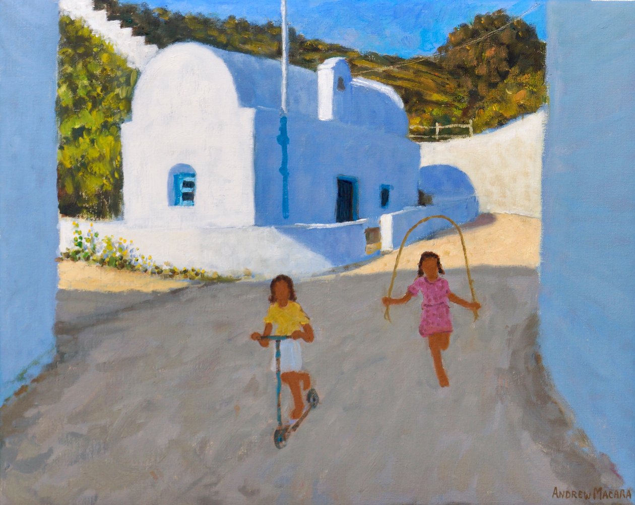 Kaksi tyttöä, Klima, Milos, 2022 (öljy kankaalle) tekijältä Andrew Macara