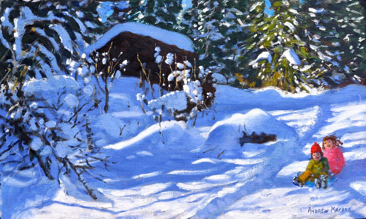 Kaksi kelkassa, Orchard, Morzine, (öljy kankaalle) tekijältä Andrew Macara