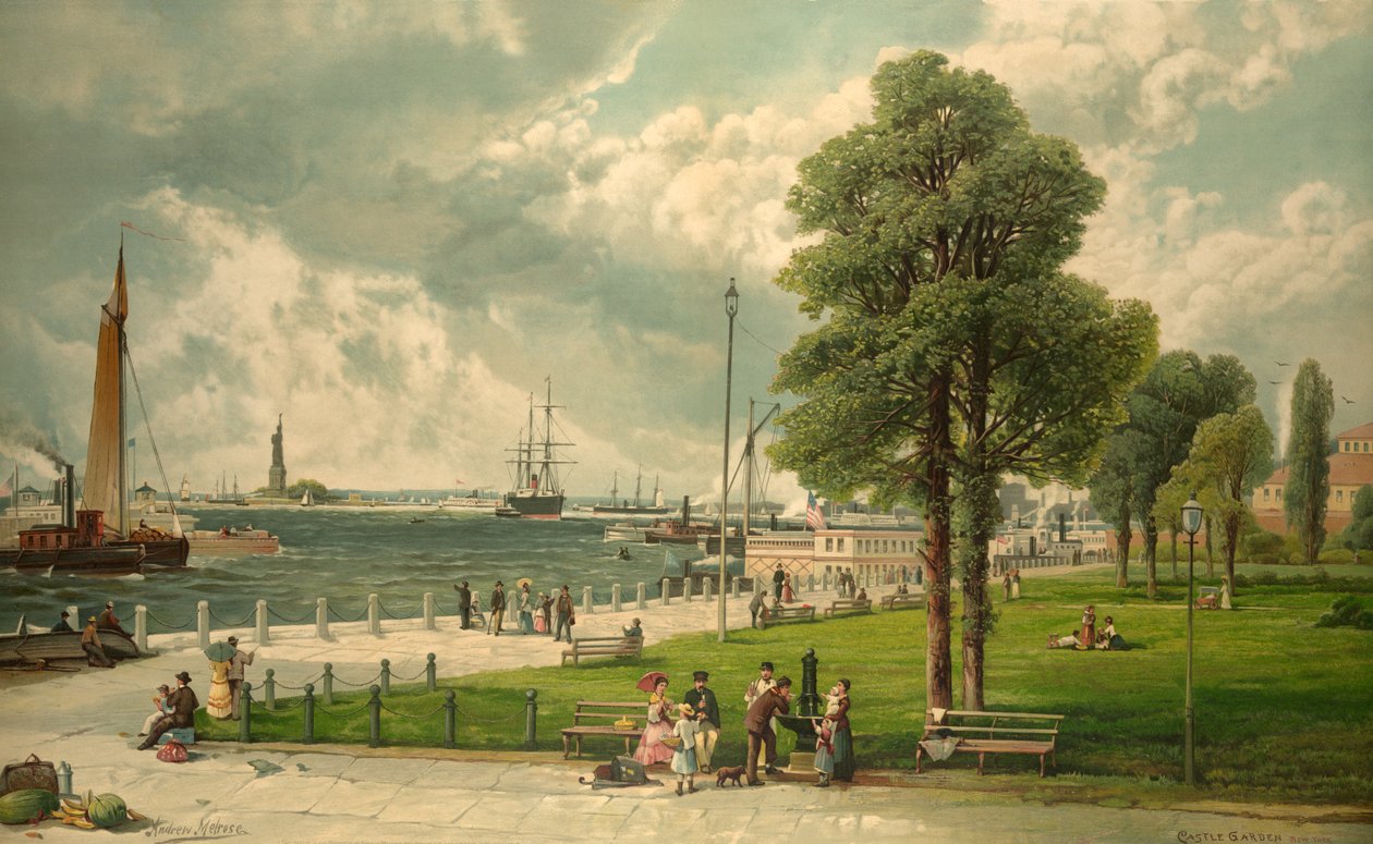 Castle Garden, New York, pubi. 1887 (värilitografia) tekijältä Andrew Melrose