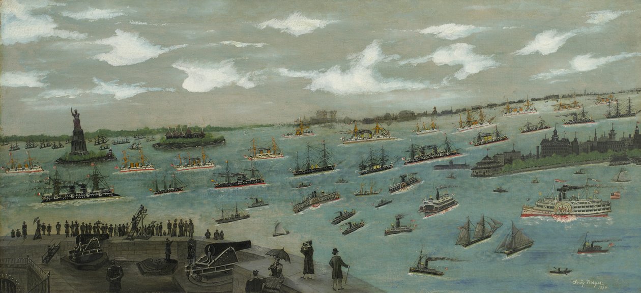 Katsaus Yhdysvaltain laivastosta New Yorkin satamassa Vapaudenpatsaan kanssa, 1893 tekijältä Andrew Meyer