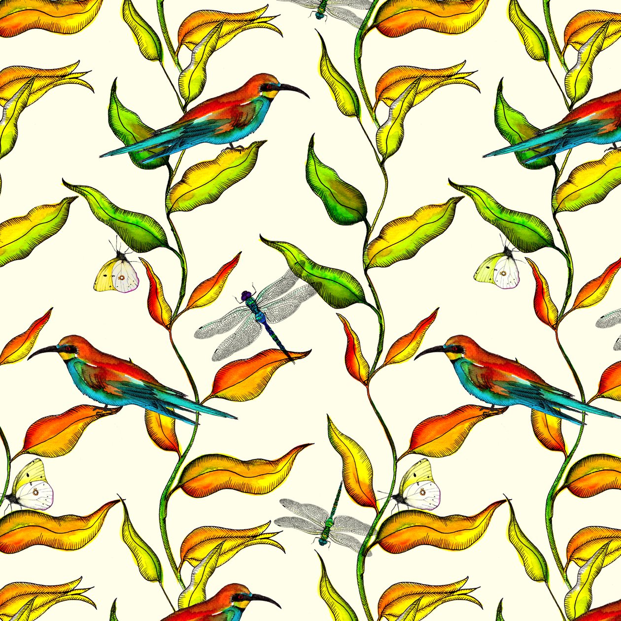 Bee Eaters, 2017, akvarelli ja tussi tekijältä Andrew Watson
