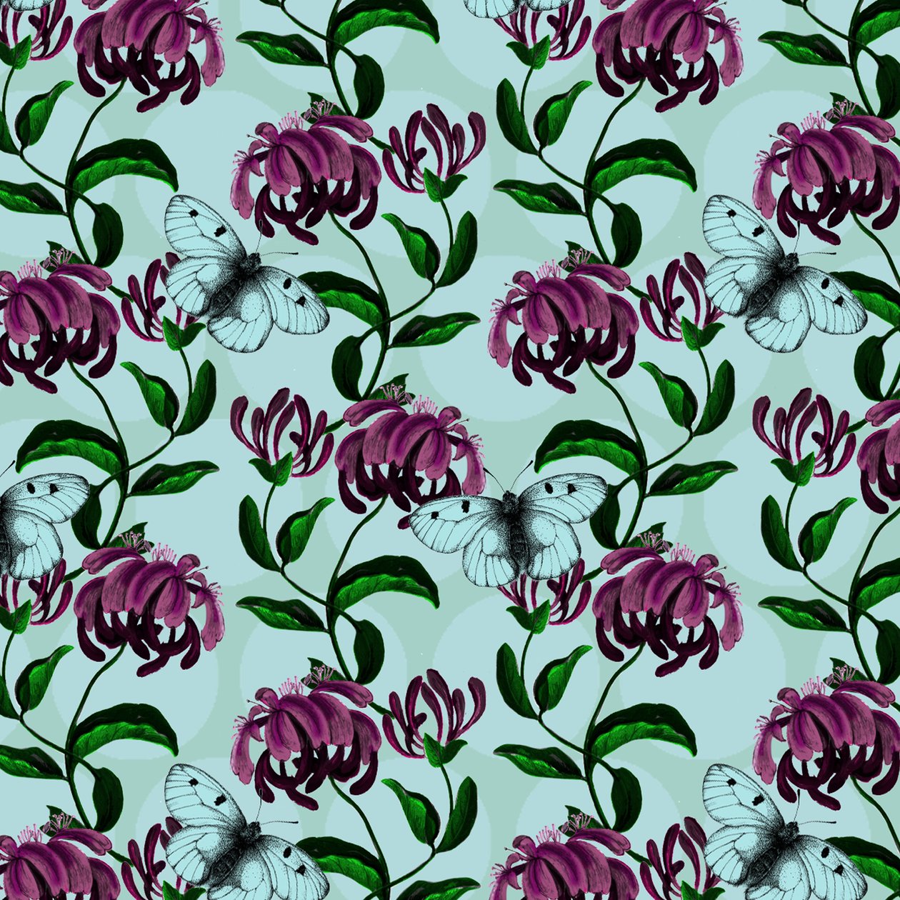 Honeysuckle with Clouded Apollo Butterfly, 2017, muste ja digitaalinen tekijältä Andrew Watson