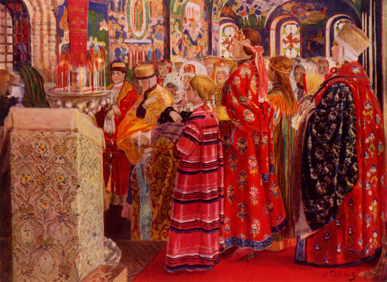 "1600-luvun venäläiset naiset kirkossa", 1899, 1965. tekijältä Andrey Ryabushkin