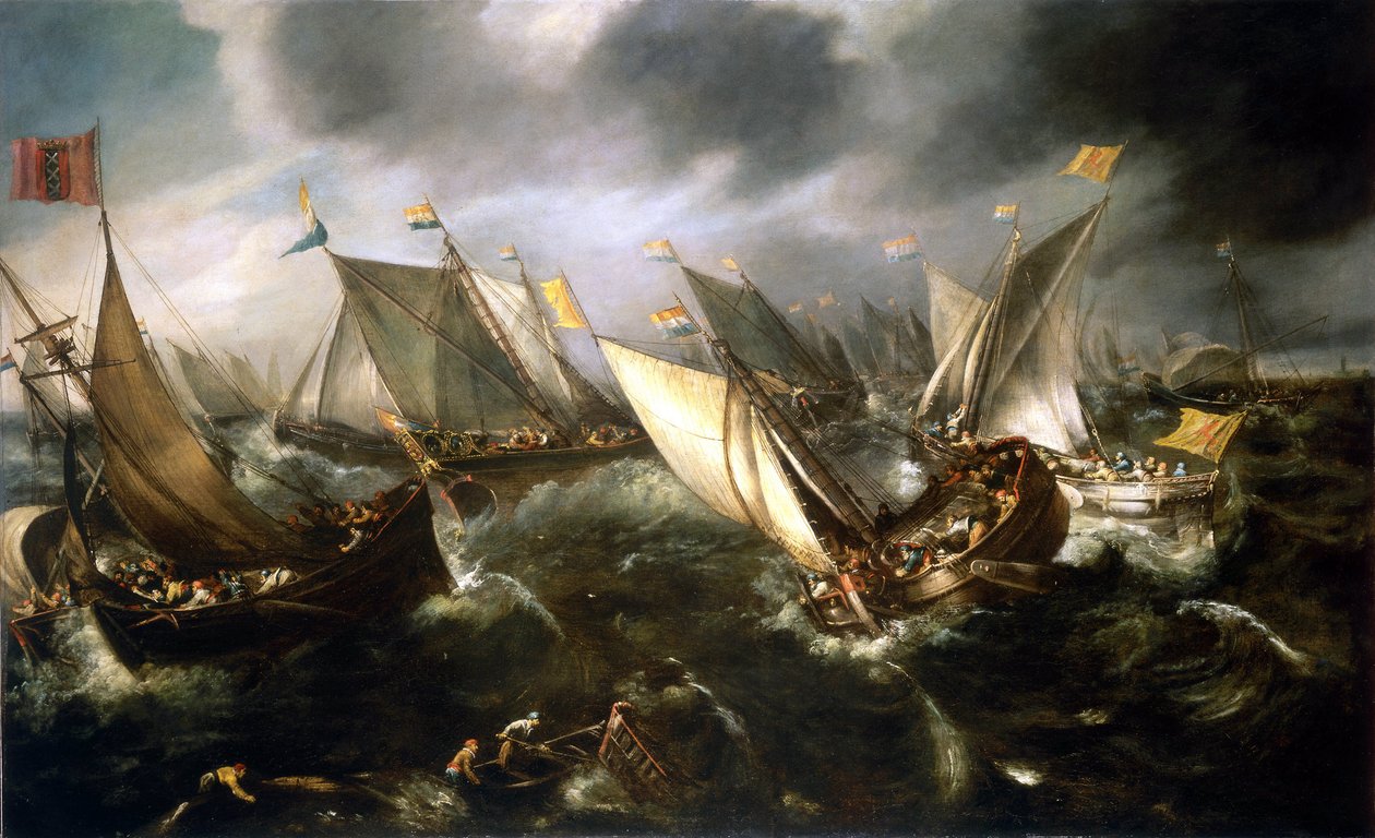 Hollantilainen purjehduskilpailu Pohjois-Euroopan rannikolla. Andries van Eertveltin (1590-1652) öljy kankaalle, noin 1630. tekijältä Andries van Eertvelt