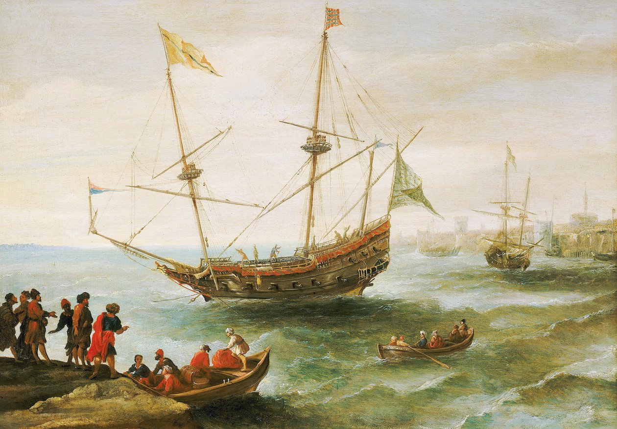 Algerialainen ankkuroitu satamaan Barbaarissa (eurooppalaiset antoivat nimityksen Pohjois-Afrikan rannikolle 1500-luvulta 1800-luvulle). Andries van Eertveltin (1590-1652) öljymaalaus. tekijältä Andries van Eertvelt