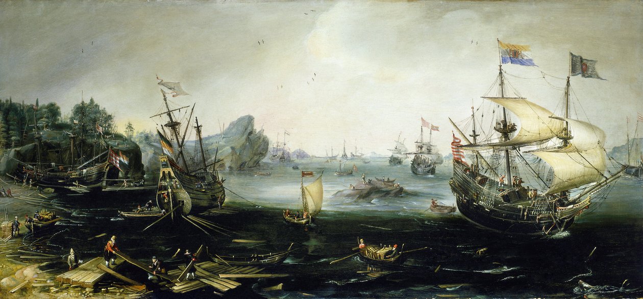 Hollantilaiset alukset lastaavat puulastia skandinaaviseen vuonoon. Andries van Eertveltin (1590-1652) öljymaalaus. tekijältä Andries van Eertvelt