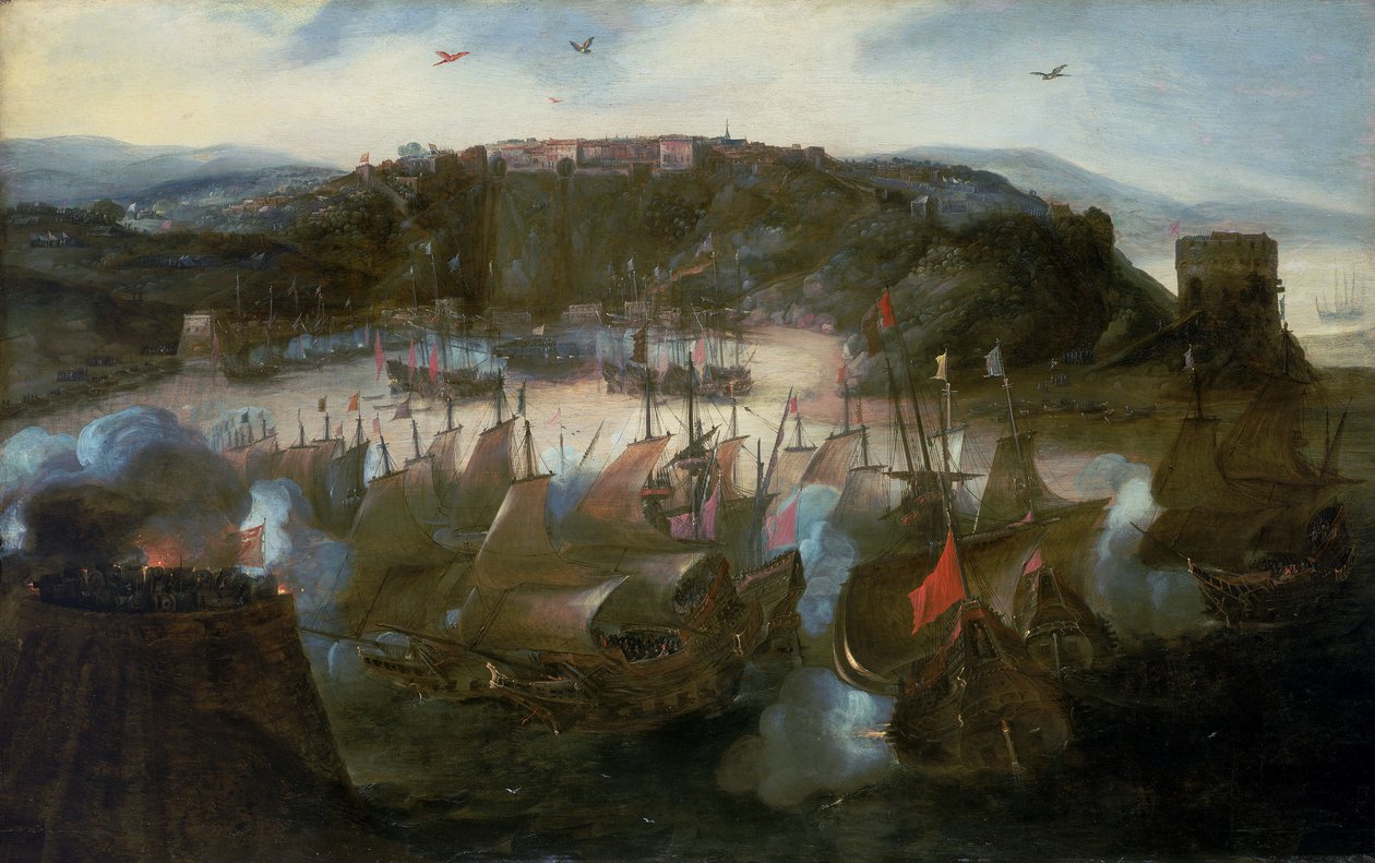 Alankomaiden laivaston hyökkäys San Salvadoriin (tai Bahiaan, nykyinen Salvador, Brasilia) vuonna 1624. tekijältä Andries van Eertvelt