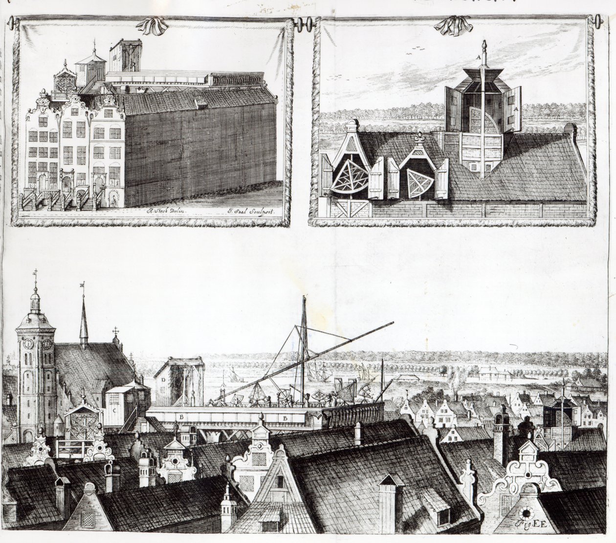 Sternenburgin observatorio, kuva Johann Heveliuksen teoksesta "Machina Coelestis", kaivertaja Izaak Saal, 1674. tekijältä Andrzej Stech