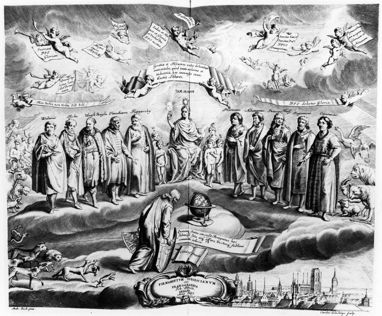 Firmmentum Sobiescianum tai Uranographia, kirjoittanut Johannes Hevelius (1611-87), kaivertanut Charles de la Haye, pub. vuonna 1687 tekijältä Andrzej Stech