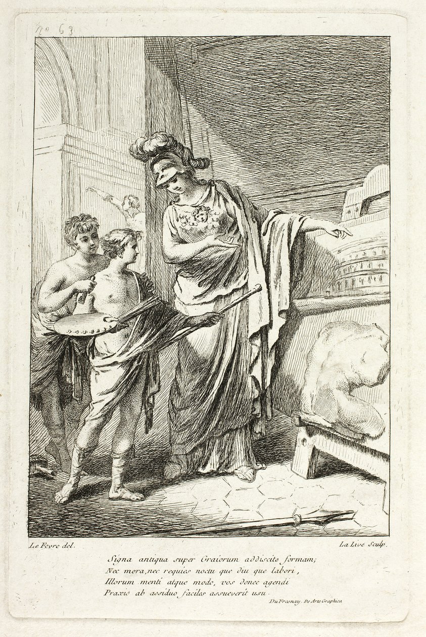 Minerva opettaa nuorta taiteilijaa, kuvitus Catalog historique du Cabinetille, kirjoittanut Mariette tekijältä Ange Laurent de Lalive de Jully