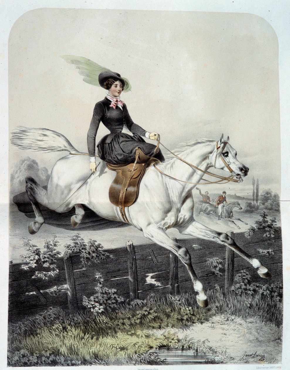 Ange Louis Jawe Langen (1815-1872) 1800-luvun yksityinen kokoelma Nuori ratsastaja Amazonissa hyppäämässä esteitä tekijältä Ange Louis Janet