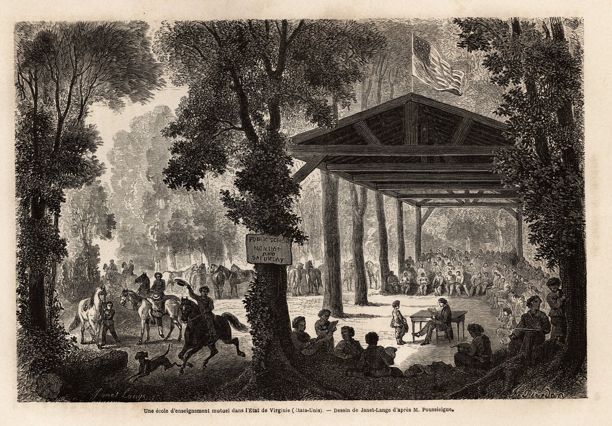 Keskinäisen kasvatuksen koulu Virginiassa (Yhdysvallat) sijaitsevassa metsässä, Janet Langen piirtämä M. Pousselguen vierailu Mammothin luolassa Kentuckyssa vuonna 1859. Kaiverrus kirjassa "" Le tour du monde", toimittanut Edouard Charton tekijältä Ange Louis Janet
