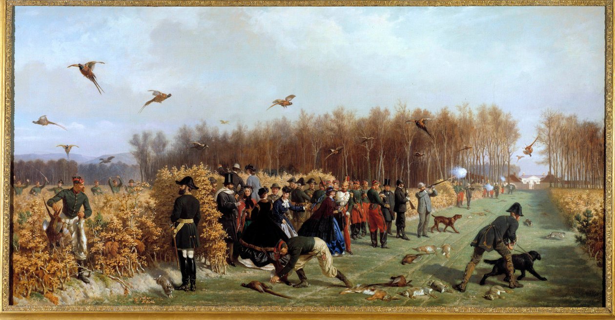 Metsästys ammunta pheasanderie Ange-Louis Janet Langen (1815-1872) maalaus 1800-luvun su. 1,1x1,9 m. Compiegne, linnamuseo tekijältä Ange Louis Janet