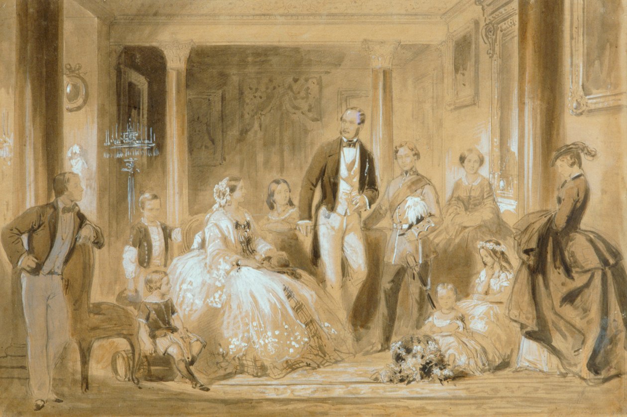Kuninkaallinen perhe ruokasalissa Osborne Housessa (kynä pesulla paperilla) tekijältä Ange Louis (1815 72) Janet