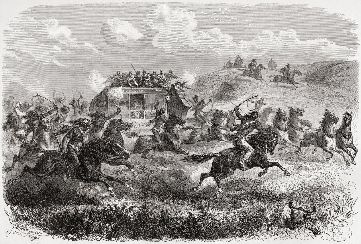 Intiaanit hyökkäävät mannertenvälisen postivaunun kimppuun vuonna 1867, kuvitus Charles Laplanten (k.1903) kaiverruksesta "The World in the Hands", julkaistu 1878. tekijältä Ange Louis Janet