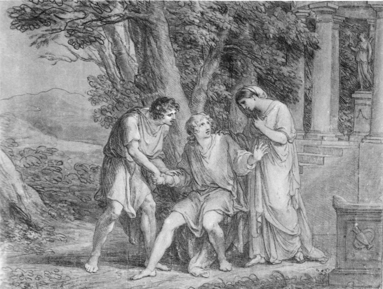 Kolmas näytös, kolmas kohtaus Goethen Iphigeniasta Tauriksessa. Piirustus. Näytelmän lopullinen versio Weimarissa vuonna 1802. Goethe, Orestesia soittava, istuu keskellä tekijältä Angelica Kauffmann
