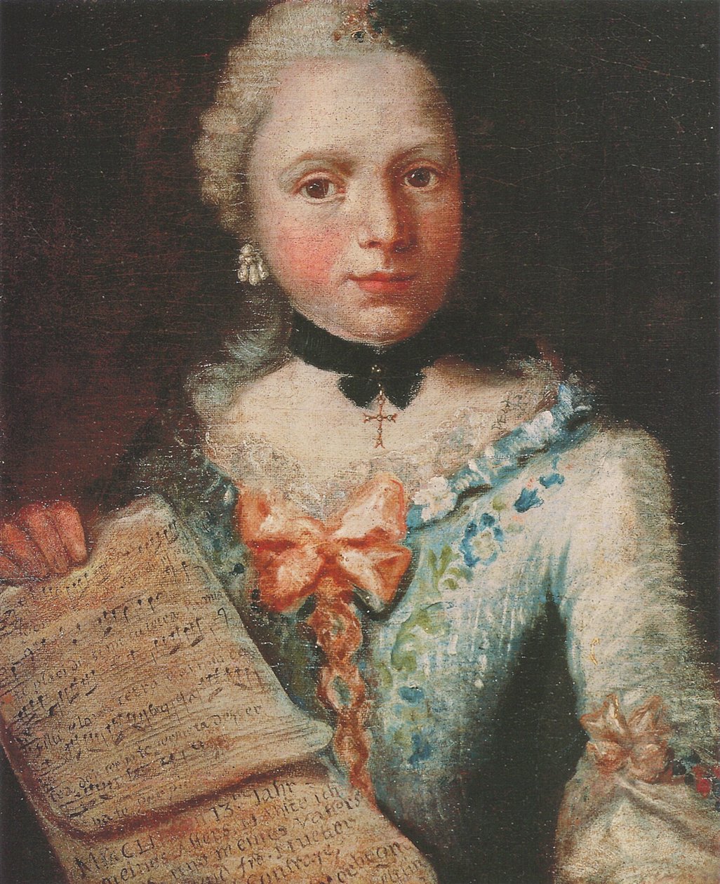 Omakuva laulajana, kädessään nuotti tekijältä Angelica Kauffmann