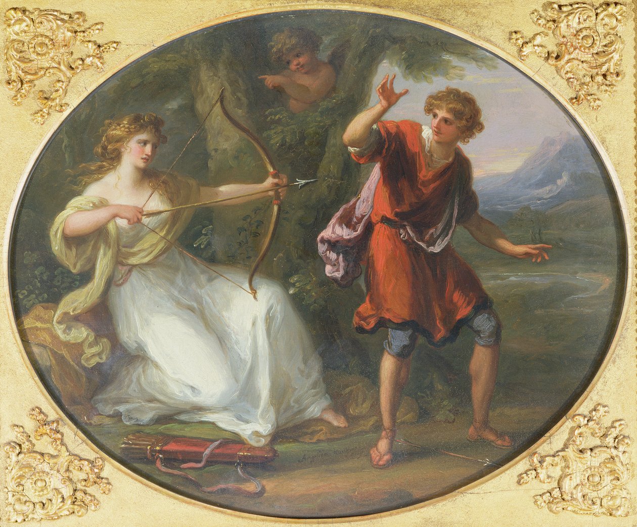 Nymfi piirtää jousensa nuoruuteen, 1780 (öljy kuparille) tekijältä Angelica Kauffmann