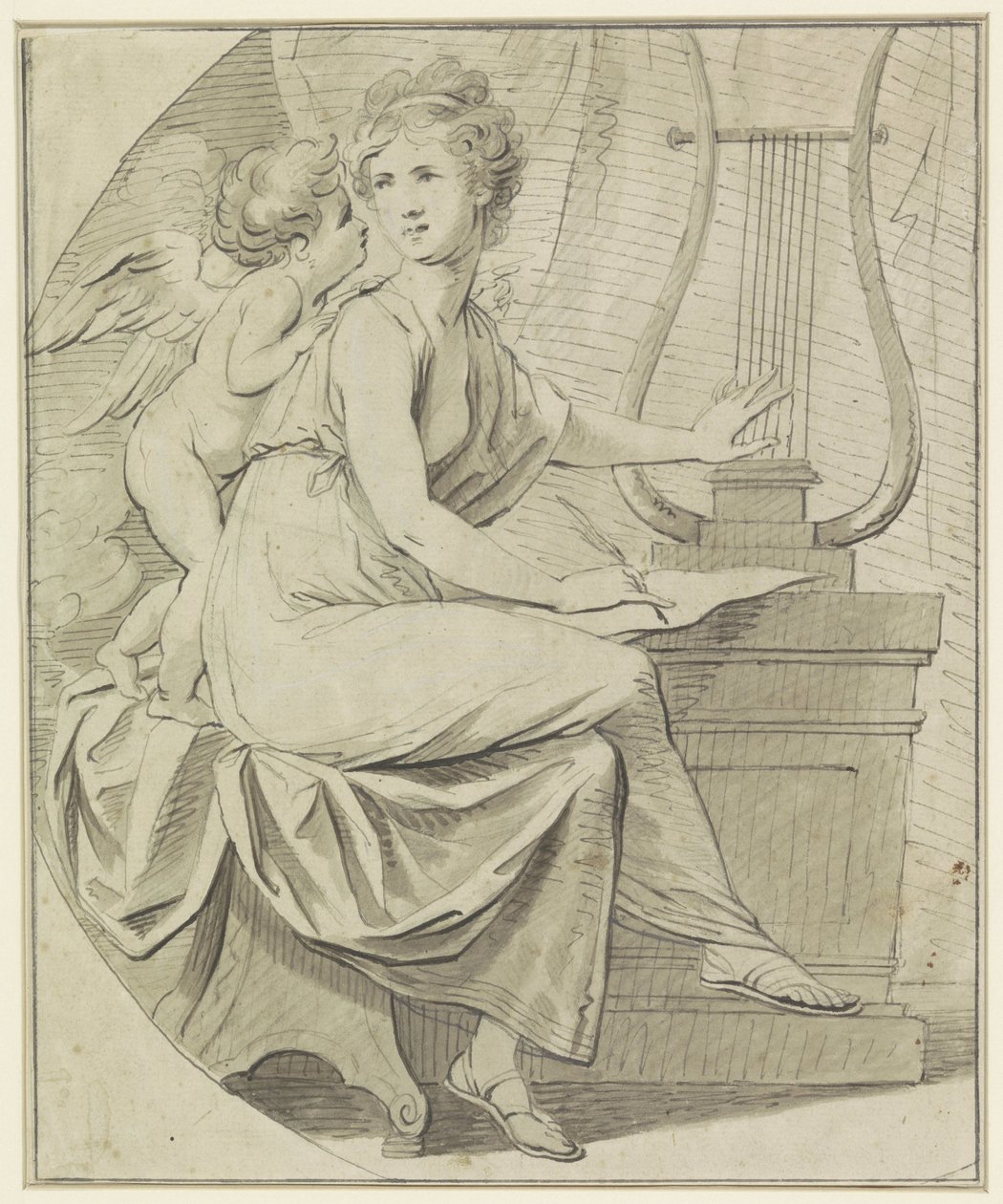 Amor inspiroi nuorta naista, joka näppäilee lyyraa toisella kädellä ja kirjoittaa toisella tekijältä Angelica Kauffmann