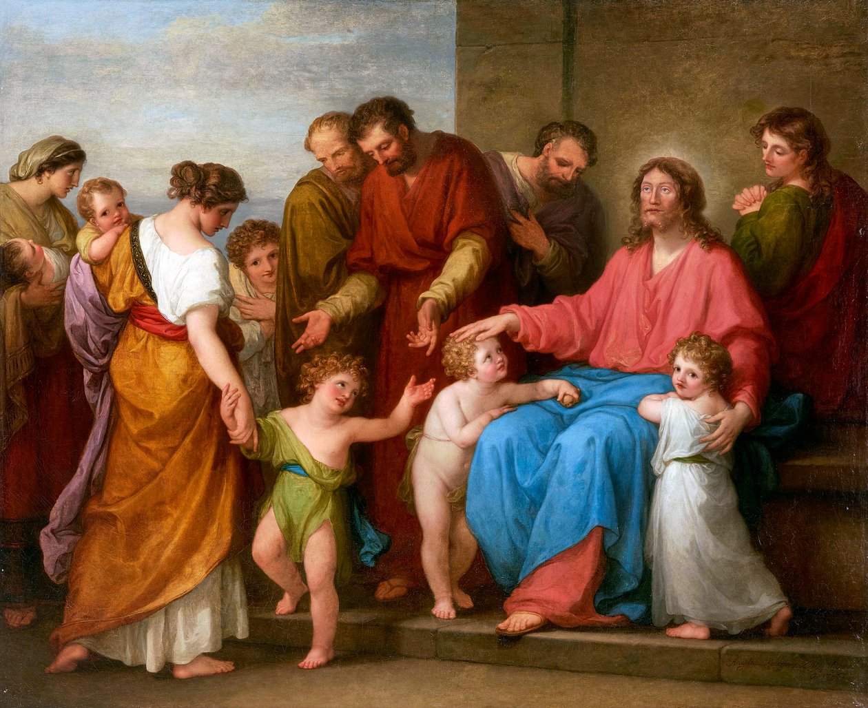 Jeesus Kristus siunaa lapsia (anna pienten lasten tulla luokseni) - Kristus siunaa lapsia (Antakaa pienten lasten tulla luokseni) - Angelika Kauffmann (1741-1807). öljy kankaalle tekijältä Angelica Kauffmann
