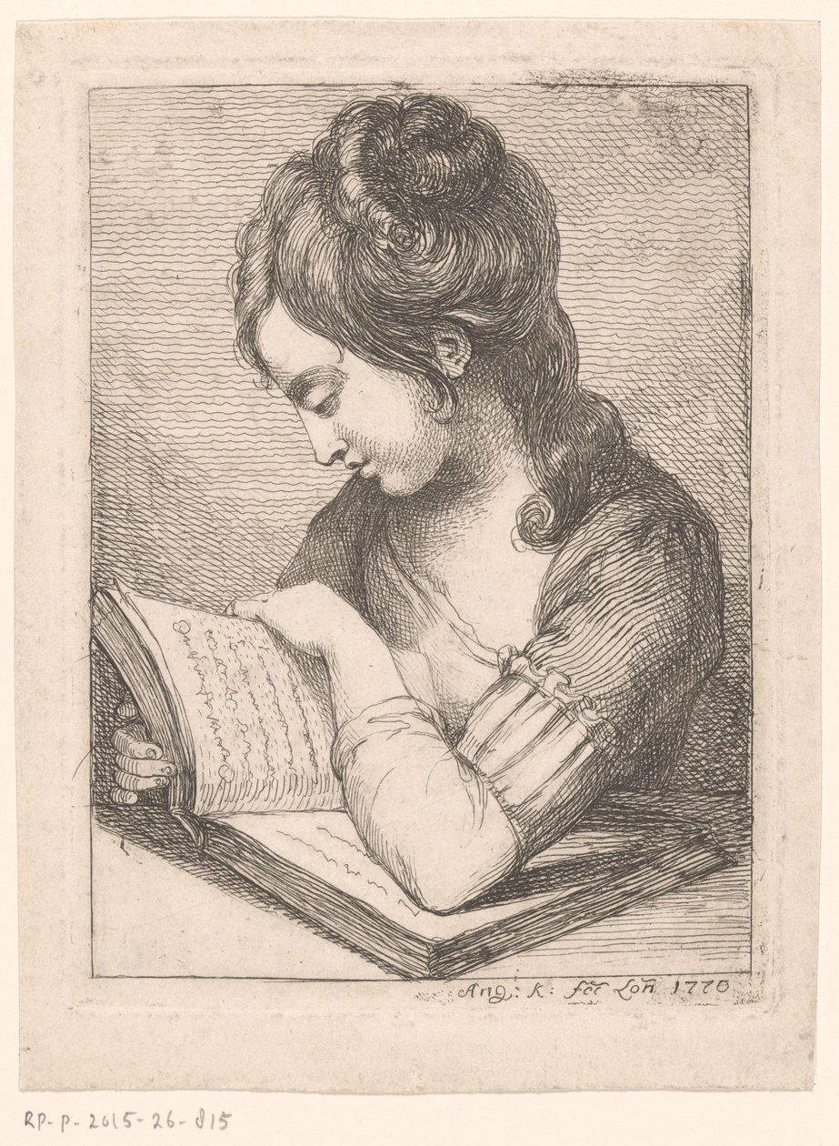 Nuori nainen lukee pöydässä, lepää kyynärpäänsä kirjan päällä tekijältä Angelica Kauffmann