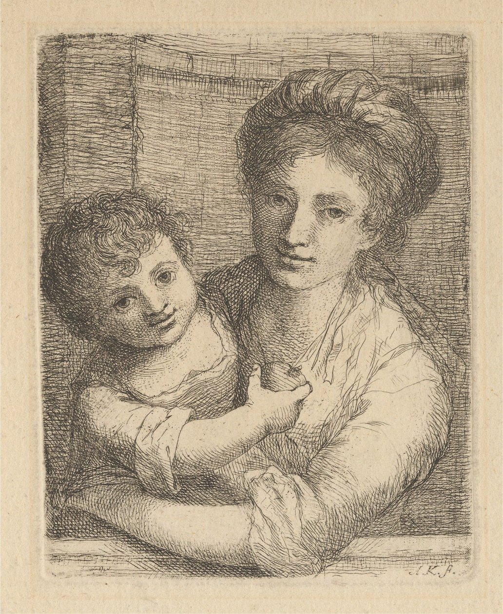 Äiti pitelee lasta, jolla on omena tekijältä Angelica Kauffmann