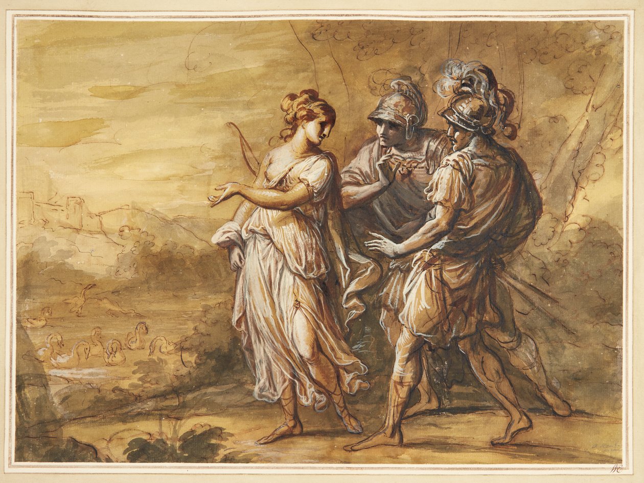Mytologinen kohtaus. Nuori nainen keula edessään kaksi aseistettua miestä tekijältä Angelica Kauffmann