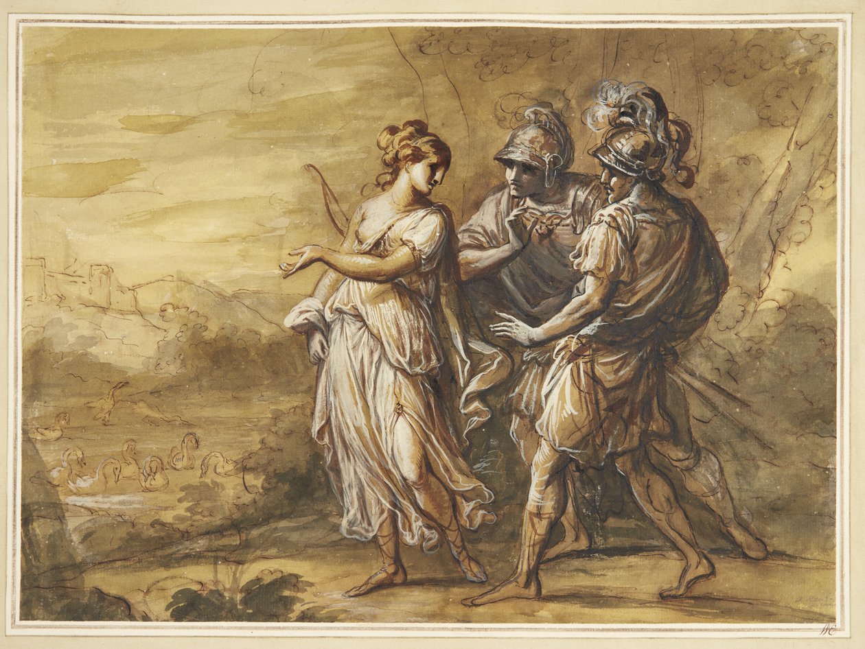 Mytologinen kohtaus. Nuori nainen keula edessään kaksi aseistettua miestä tekijältä Angelica Kauffmann