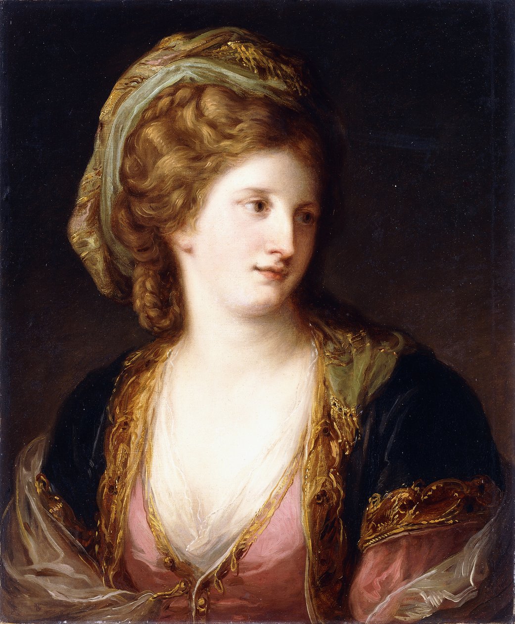 Taiteilijan muotokuva, rintakuva, yllään vaaleanpunainen mekko ja kullalla brodeerattu sininen viitta, 1767 tekijältä Angelica Kauffmann