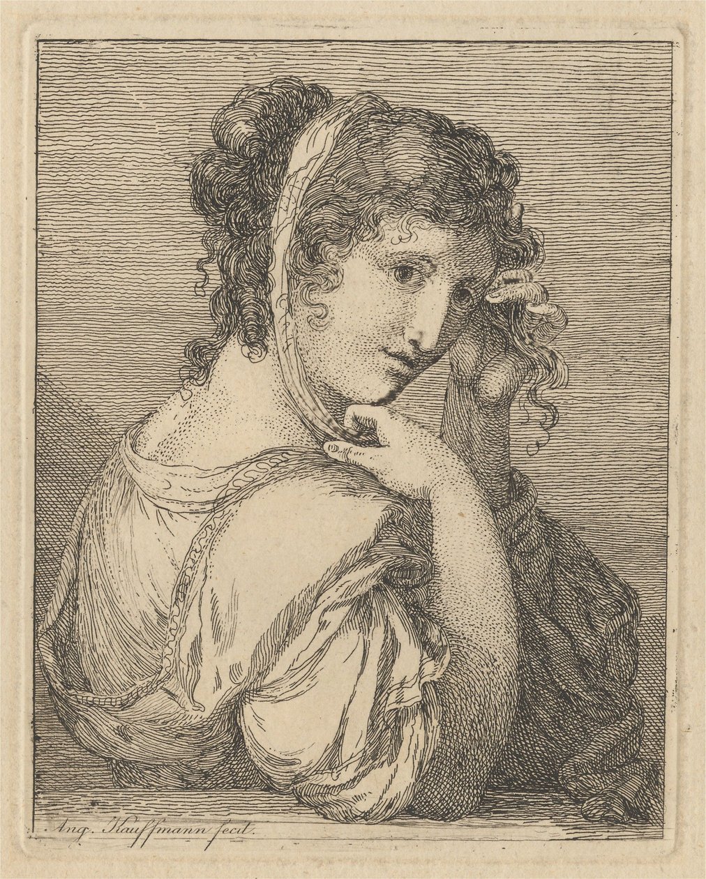Nainen, joka oikaisee hiusnauhaansa tekijältä Angelica Kauffmann