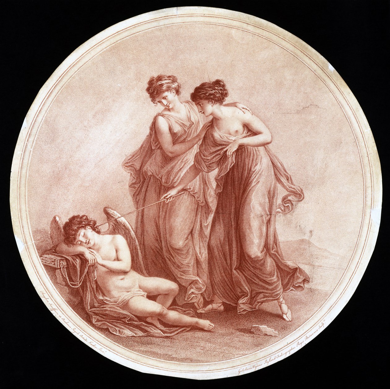 Graces Awakening Cupid, kaiverrus William Wynne Ryland (1732-83) 1776 (punainen pistekaiverrus) tekijältä Angelica after Kauffmann