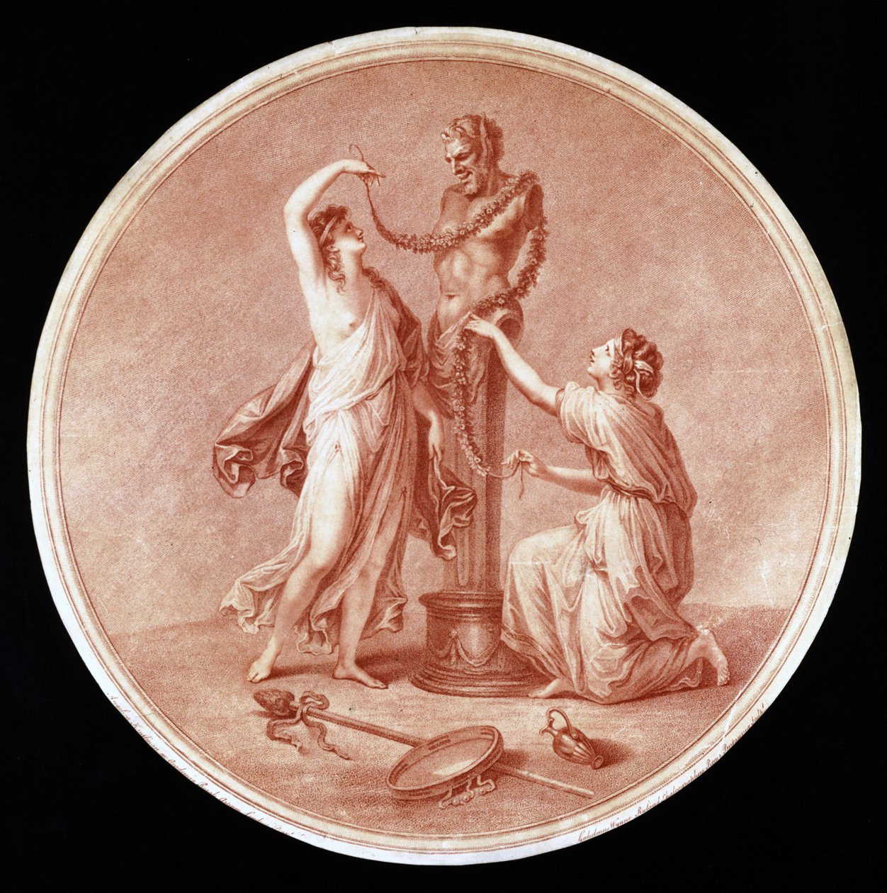 Panin patsasta koristavat nymfit, kaiverrus William Wynne Ryland (1732-83) 1776 (punainen pistekaiverrus) tekijältä Angelica after Kauffmann