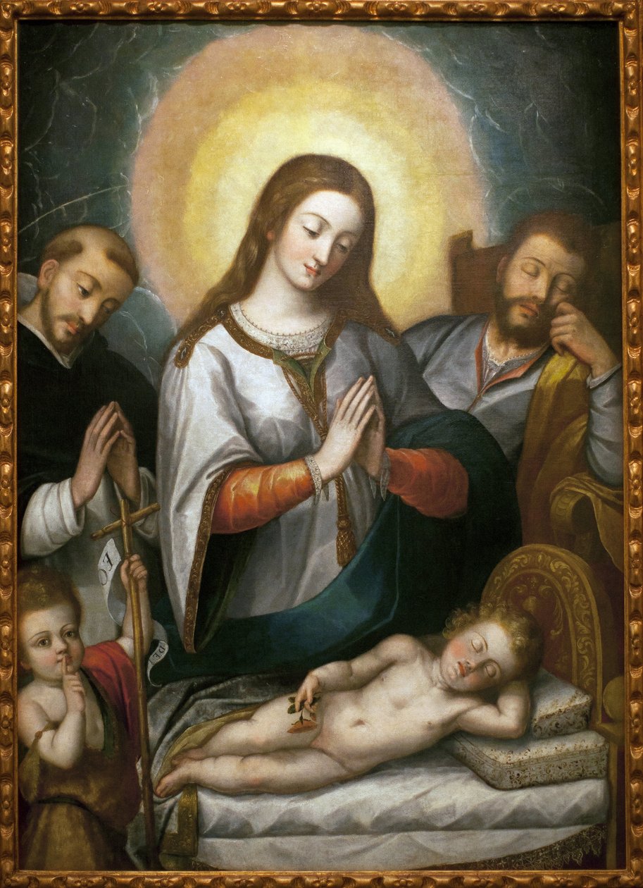 Pyhä perhe Pyhän Johannes Kastajan ja Pyhän Dominikin kanssa. Angelino Medoron (1576-1633) maalaus öljy kankaalle tekijältä Angelino Medoro
